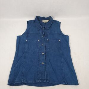 LL Bean Women's Sz S 100% Linen Sleeveless Top Button Up Shirt Blue Collared